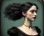 Placeholder: 1800s, witch, victorian, portrait, choker, black curly hair, victorian dress, beautiful