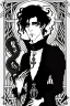 Placeholder: black haired young man necromancer wizard with gothic jewelry and tentacle fingers in the style of Aubrey Beardsley