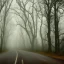 Placeholder: long road in the middle of the forest, with fog, cloudy day with rain, distant old church