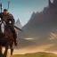 Placeholder:  mountains with medieval knight in armour traveling on a horse in the background