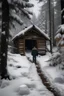 Placeholder: He went into a forest where snow fell, in front of a hut