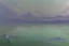 Placeholder: distant modern city, sea, mist, rocks, lake reflection, epic, sci-fi, claude monet painting