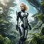 Placeholder: Photo of a slim sci-fi woman with scruffy blond hair, wearing a silver and black futuristic android-looking spacesuit, standing on an alien cloud tree jungle planet