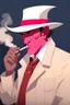 Placeholder: An old male red tiefling wearing a white and blue police comisioner outfit smoking a cig.