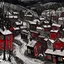 Placeholder: A dark red Transylvanian village in winter painted by Jean Dubuffet