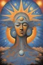 Placeholder: god connecting with human , sun and moon background, aboriginal psychedelic art, in the drem dimensions, painted by rene Magritte,