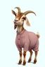 Placeholder: a picture of a goat standing and SMILING and wearing a female jumpsuit dress with fixed eyelashes