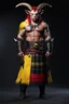 Placeholder: a Monster. who is big and has patch work scaling for skin. and horns. he is also wearing a Scottish clan kilt that's yellow black and red.4k. Photorealistic
