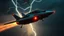 Placeholder: a high definition screen shot of a jet-fighter vw-beetle, retrofuturistic, phototrealism, in flight, one subject, thunderstormncc 1701 enterprise Macabre Rapture End of days Revelation scene,
