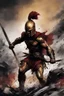 Placeholder: Spartan warrior fighting at the Battle of Thermopylae, in the style of gritty horror comics, dark red and gold, dc comics, inkblots, intricate use of hatching, golden palette, strong emotional impact