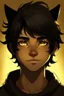 Placeholder: At teen male with messy black hair, gold eyes, large black cat ears, slight smile, dark skin