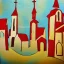 Placeholder: an abstract painting of a small town with orthodox church, textured, highly detailed