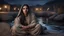 Placeholder: Hyper Realistic closeup-view of a Sad-Young-Beautiful-Pashto-Woman sitting on a stone riverside at dark-village-night