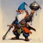 Placeholder: ConceptSheet [by Bruce Pennington]: gnome rogue and his sling with AD&D statistics