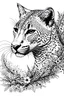 Placeholder: portrait of cheetah and background fill with flowers on white paper with black outline only