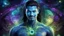 Placeholder: beautiful gorgeous young man na'vi with long hair, Avatar, blue skin, two small ears, green eyes, black hair, in cosmic suit, galactic ambiance, medium pointy goatee , smiling, nebulas and sacred geometry light figures on the backgroud,