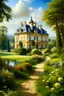 Placeholder: 1600s classic french oil painting of a landscape with large chateau and gardens.