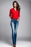 Placeholder: the genre is modern, a beautiful woman model and actress, hair, bright eyes perfect facial features,wearing jeans pants and pretty red shirt, a very beautiful favorite, a full body, he stands tall, no background