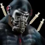 Placeholder: Ape earing Bane mask, visually stunning, trending on sci-fi forums and websites, explores the limits of technology and humanity, thought-provoking theme