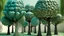 Placeholder: Contemplative and realist photo of a 3d geometric black alder trees in a garden. Colors are light blue, light brown and light green.