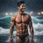 Placeholder: Hyper realistic very handsome shirtless muscular short black hair man smiling & standing with his wet body between the sea at rainy night with wave splashes