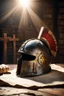 Placeholder: The Roman centurion's helmet lies on an old cracked wooden table. Next to the helmet, on the table, lies a cross on a simple string and a scroll of parchment. Symbols of Roman authority. A ray of sunlight reflects off the helmet. All around is the entourage of ancient Rome. High quality image in 8K