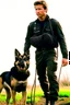 Placeholder: John Connor from the movie Terminator with a German Shepherd on a leash.