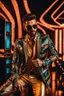 Placeholder: Full body Real photography handsome man super model European on fashion style dressing luxury jacket diamonds patterns,sunglasses,turn on music DJ player in disco club