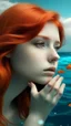 Placeholder: beautiful girl with red hair dreaming of a love world and looking to the sea world