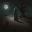 Placeholder: Creepy levitating woman in an asylum gown, nighttime in the middle of a country dirt road, backlit by shimmering full moon, levitation, by Larry Carroll, eerie dark colors, fog, smoke, ethereal mist, rough matte oil painting.