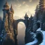 Placeholder: Castle wall under a natural stone bridge in snowy mountains