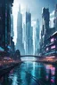 Placeholder: a large river in a modern city world, large buildings, cyberpunk style