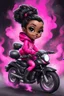 Placeholder: Create a digital airbrush illustration of a chibi cartoon full figure black female riding a sports motorcycle. She is wearing hot pink hoodie and black tights with biker boots. Prominent make up with log lashes and hazel eyes. Extremely highly detailed black shiny wavy hair up in a messy bun. Background of smoke surrounding her and the bike and she's at a bike show.