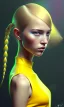 Placeholder: girl, cute, beautiful, head and shoulders portrait by Greg Rutkowski, yellow hair, pigtails with space buns, bangs, yellow dress,