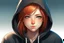 Placeholder: An anime young adult female with medium length red hair, brown eyes, wearing a black hoodie, realistic, slight smile