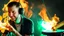 Placeholder: 4k, portrait of a radio host broadcasting metal on fire in a radio studio, background green youth style