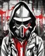 Placeholder: Banksy style. Vibrant and dynamic masterpiece of a hooded and gas masked killer Cyborg, his eyes are intense. Red, white and black colors