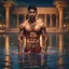 Placeholder: Hyper Realistic handsome Young shirtless muscular short hair Indian king bathing in a lake outside traditionally beautiful Indian palace at night