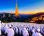 Placeholder: 100,000,000 christians, men, women,and children, WORSHIPPING, dressed in white,God in jewish Temple in new Jerusalem, hills and valley in background, dusk, andromeda GALAXY IN SKY