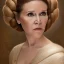 Placeholder: hyperspace background, complete and photo realistic detailed head to waist stunning photo realistic portrait of carrie fisher as Princess Leia in star wars with photo realistic wedding hairstyle by Mandy Jurgens and mucha and Richard Schmid and chuck close and chie yoshii, extraordinary and detailed ceremony dress of star wars,brown eyes