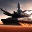 Placeholder: volumetric desert environment, Ralph McQuarrie style painting, gun turret on armored hovercraft, highly detailed