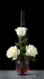 Placeholder: The image is a digital artwork that depicts a bouquet of 3 white roses in crystal vase , a bottle of red wine creating a wave-like effect. The background is black, which makes the white rose stand out even more. Water droplets are scattered adding to the dreamy, ethereal quality of the image. The a