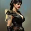 Placeholder: painted portrait of evil goddess in black leather, angry, strong, volouptous, busty, cleavage, emperious, mature, highly detailed, digital painting, artstation, concept art, smooth, sharp focus, illustration, art by gaston bussiere and alphonse mucha