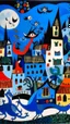 Placeholder: A dark blue village with a dragon palace designed in Chinese paper art painted by Joan Miro