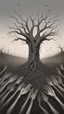 Placeholder: a field of thousands of hands of bodies buried in the ground not visible, horror, hands in different shapes coming out from the ground towards the sky Busch painting style nightmare and thin line draw, a dry tree no leaves only branches