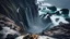 Placeholder: High angle view of dramatic coastal cliffs, towering waterfalls cascading down a dark, striated rock face into a turbulent turquoise and deep blue ocean, crashing waves, overcast sky, bright diffuse light, photorealistic, 8k resolution, highly detailed