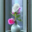 Placeholder: Image of a Single wilting white rose in a colorful vase beside a window