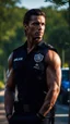 Placeholder: handsome muscular male police officer age 25 with shoulder length hair and a goatee. Standing by the roadside. Trees in the background. Photorealistic. 4K. Dark Romance