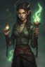 Placeholder: A beautiful young female Hexblood Warlock with lightly tanned skin, long dark hair styled in loose half braids, and glowing pale green eyes. A small twisted branch-like horn emerges from her hair. She wears elegant dark leather thief clothing with subtle Dao-inspired magic, carrying an ancient brass lamp, a Book of Shadows, and a quarterstaff. She has a warm, mischievous smile, yet an unsettling presence, as if listening to whispers only she can hear.