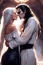 Placeholder: Strahd Von Zarovich being kissed by a beautiful woman with white hair, wearing an off the shoulder dress. Settling and background are a lavish toomb with an ebony coffin.